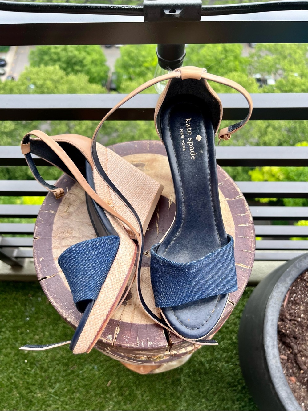 kate spade Denim and Tan Open-Toe Block wedge Sandals